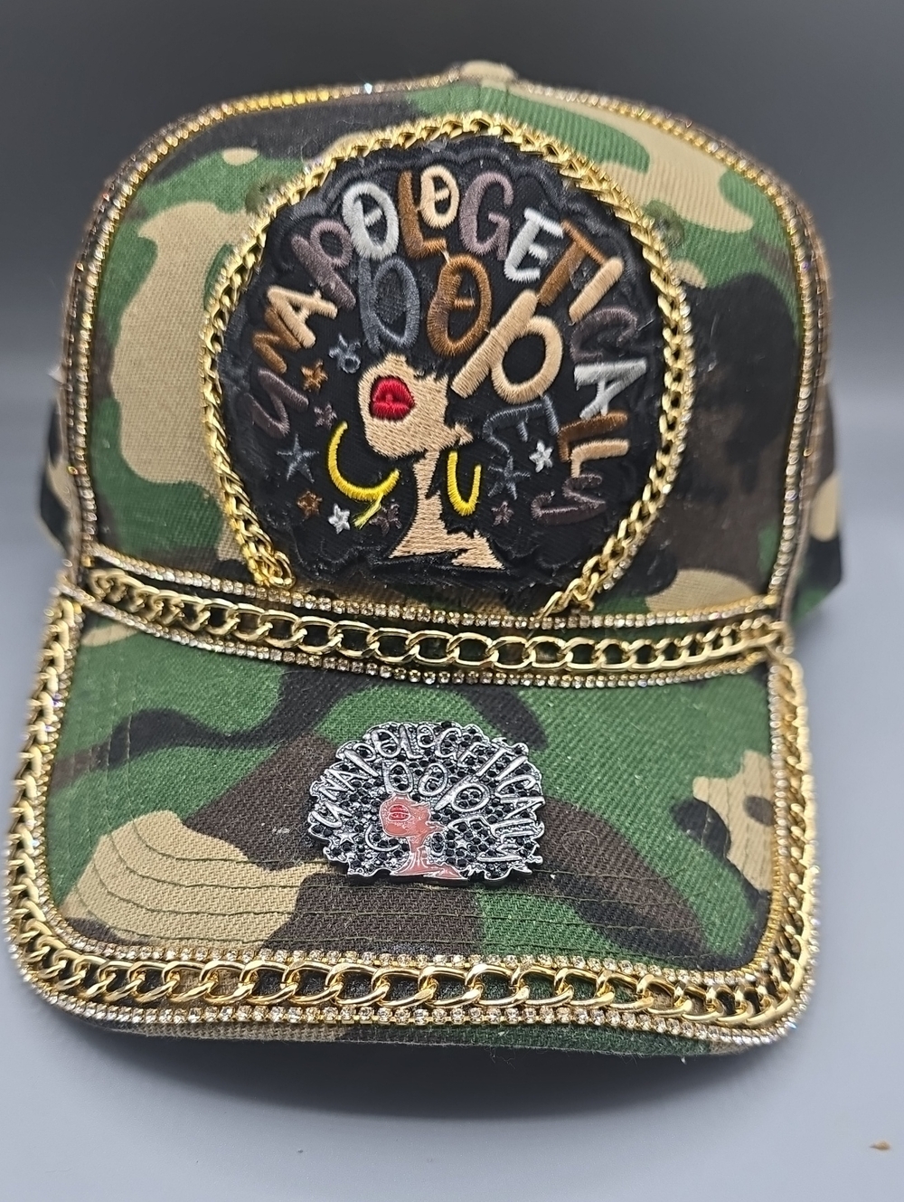 Camouflage Chain-Trim Baseball Cap with Embroidered Patch